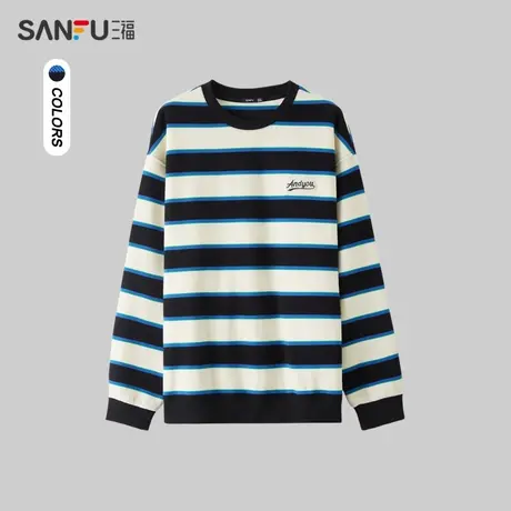 三福2024春季男士色织亮条纹卫衣 学院休闲圆领上衣男482576商品大图