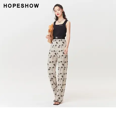 红袖印花宽腰边阔腿裤女hopeshow2023夏新款舒适垂感直筒显瘦长裤商品大图