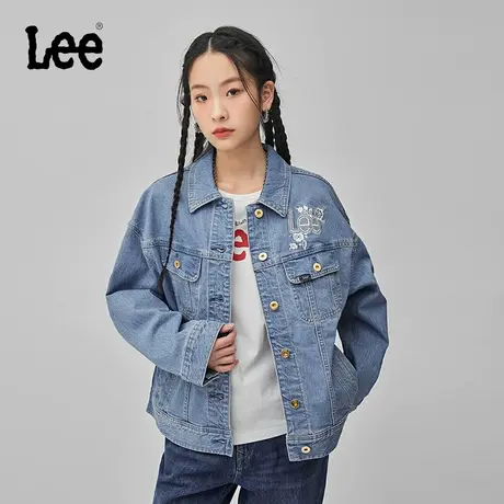 Lee商场同款24春季新品舒适版翻领绣花浅蓝色女骑士牛仔夹克外套图片