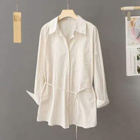 早春新款系绳收腰显瘦条纹衬衫女中长款春秋季叠穿衬衣设计感上衣图片
