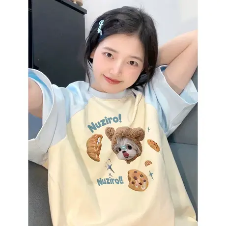 夏季撞色短袖t恤女小众设计感美式复古插肩袖多巴胺宽松半袖上衣商品大图