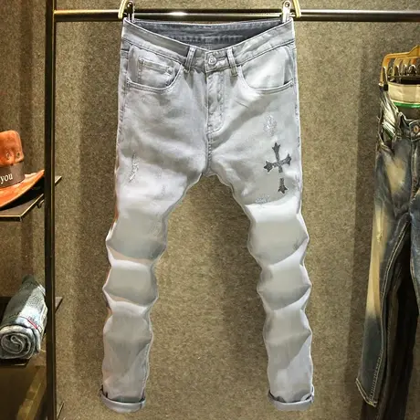 2024春季新款灰色牛仔裤男修身小脚裤十字架烫钻时尚潮牌高端长裤商品大图