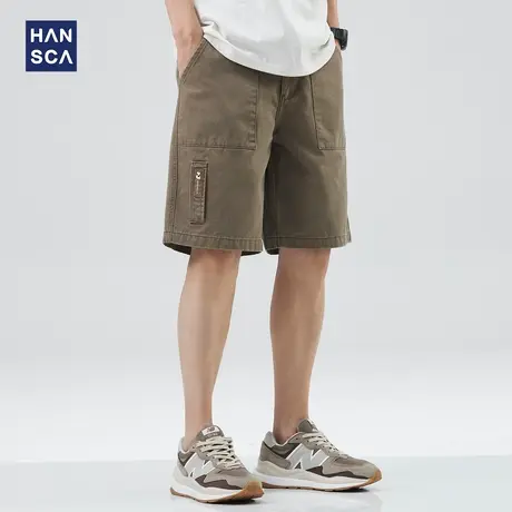 hansca男士短裤夏季潮牌卡其色宽松直筒复古水洗休闲外穿五分裤子商品大图