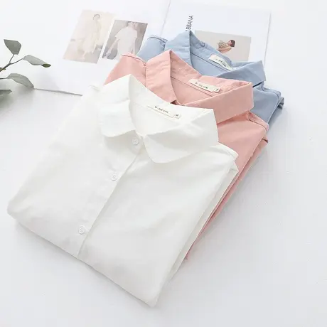 春秋新款文艺小清新百搭娃娃领纯棉长袖白衬衫女宽松百搭叠穿衬衣图片