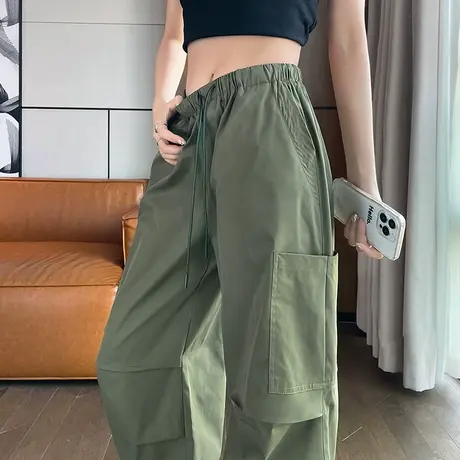 美式束脚工装裤女2024春夏新款小个子休闲显瘦军绿色两穿直筒裤子图片