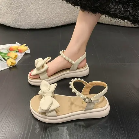 平底凉鞋女2024春新款夏季时尚仙女风蝴蝶结一字带厚底沙滩凉鞋女商品大图