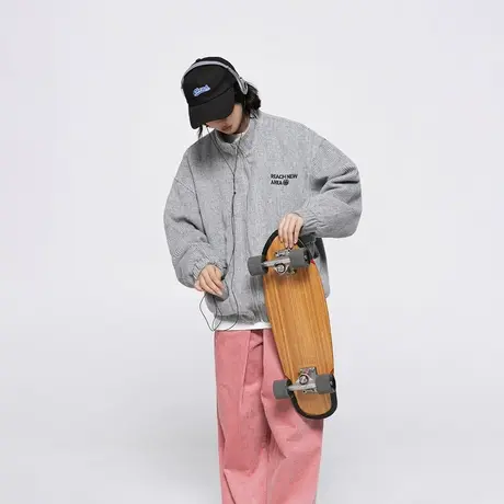 潮牌纯色立领运动外套女春季2024年新款百搭复古宽松开衫夹克上衣商品大图