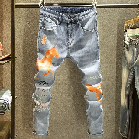 春夏季2024新款潮流牛仔裤男款时尚图案印花工艺修身弹力小脚裤子商品大图