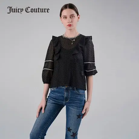 Juicy Couture橘滋夏季新品蕾丝网格拼接荷叶边装饰圆领梭织上衣商品大图