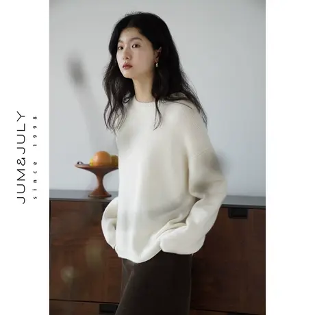 嘉茱莉2023秋季新款1OO羊毛针织上衣女套头宽松针织衫圆领毛衣图片