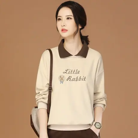 韩潮袭人娃娃领字母刺绣美式卫衣女2023秋季新款宽松长袖T恤上衣图片