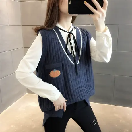 2023新款春季宽松v领针织马甲女式提花毛衣背心复古坎肩外穿马夹商品大图