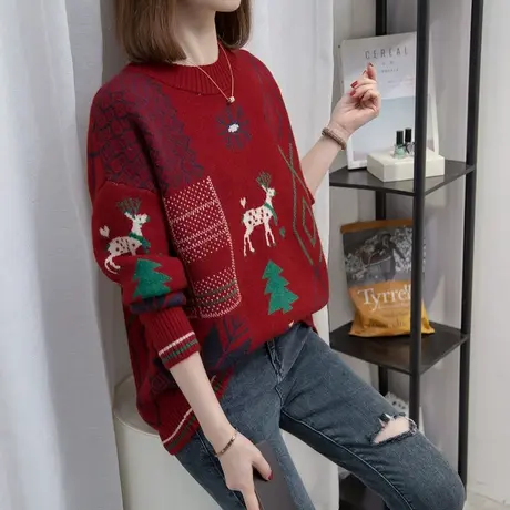 红色圣诞毛衣女打底衫2023秋冬新款宽松慵懒风针织衫内搭加厚上衣商品大图