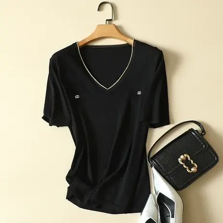 冰丝针织衫短袖t恤女2023年春夏新款V领宽松显瘦薄款打底衫女上衣商品大图