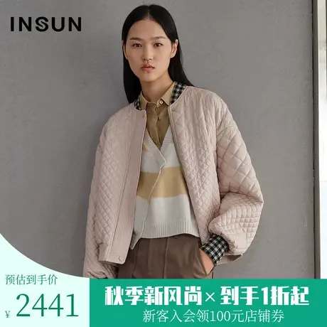 恩裳春季时尚宽松减龄粉色棒球衫菱形纹短款棉衣外套女图片