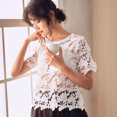 秋季2023新款女装透视勾花镂空白色短袖蕾丝衫打底衫大码上衣短款图片