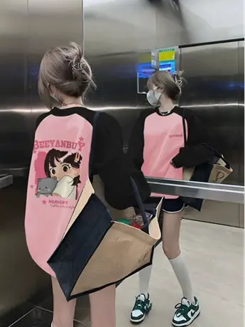 粉色插肩美式卫衣ins女2023新款秋冬爆款慵懒风oversize宽松上衣图片