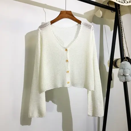 镂空长袖防晒开衫女早秋新款韩版宽松薄款外搭针织衫短款披肩上衣商品大图