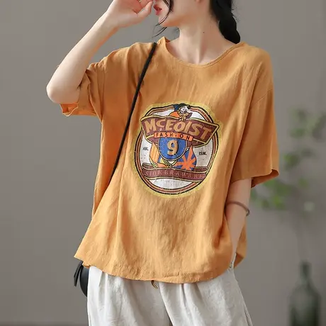 dza复古薄款亚麻上衣女士夏季短袖t恤宽松打底衫短款漂亮棉麻体恤商品大图