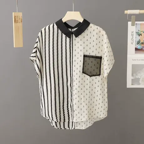 时尚撞色拼接短袖衬衫女夏装新款翻领印花别致小众上衣雪纺小衫潮商品大图