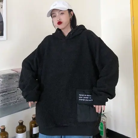 羊羔毛卫衣女2020新款秋冬宽松韩版ins上衣bf慵懒风加绒加厚外套商品大图