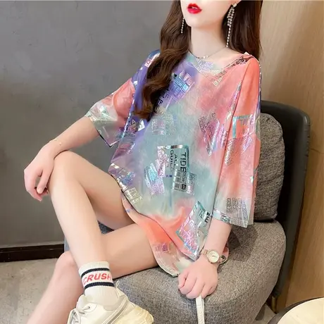 短袖t恤女夏韩版宽松大码女装中长款亮闪闪扎染设计感小众上衣潮商品大图