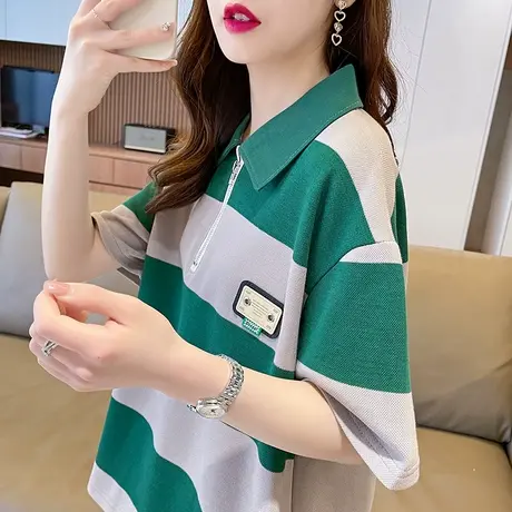 小众设计感短袖t恤女2023新款夏季韩版宽松polo领条纹撞色上衣服图片