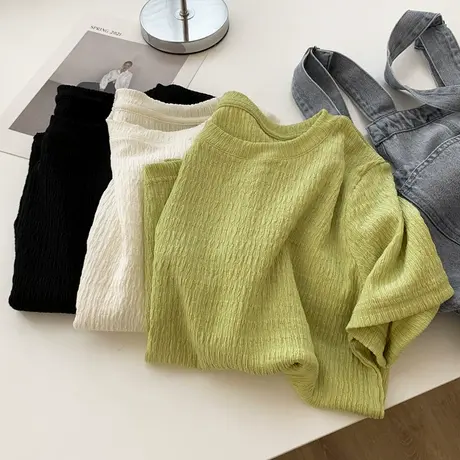 ins超火肌理纹短袖T恤女夏季宽松显瘦百搭甜飒风纯色半袖上衣服潮商品大图