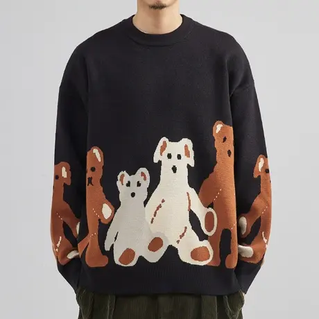 小熊卡通提花毛衣男日系小清新男生落肩宽松垂感韩版潮牌针织衫男图片