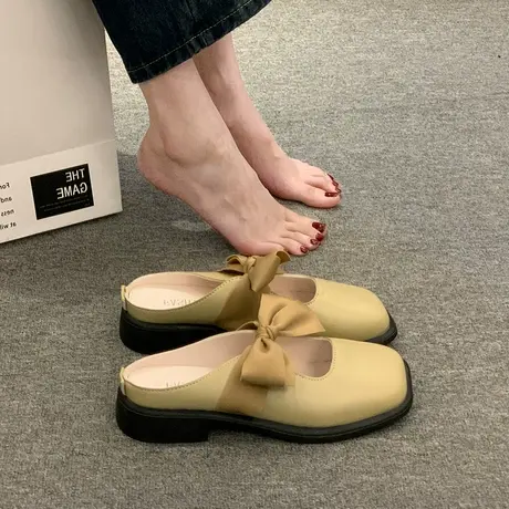 半拖鞋女新款2023年夏季外穿仙女风半包头单鞋外出软底蝴蝶结凉拖商品大图