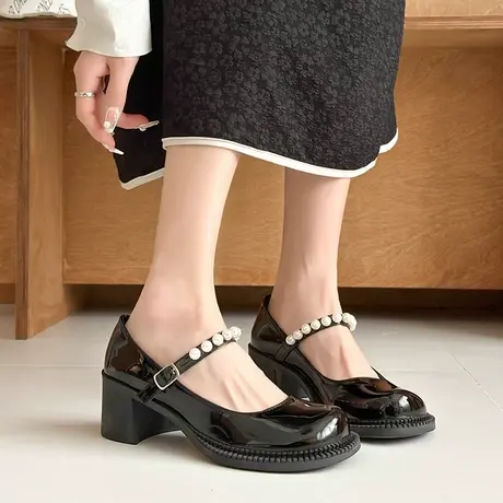 高跟玛丽珍鞋女春秋2023新款配裙子法式气质单鞋粗跟英伦风小皮鞋商品大图