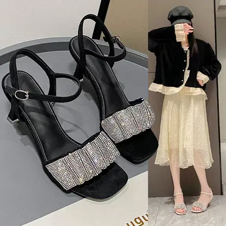 一字扣凉鞋女外穿夏季新款水钻亮片细跟法式凉鞋夏天高跟鞋大码商品大图