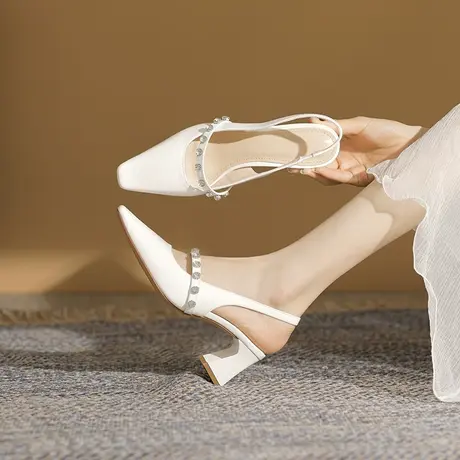 包头凉鞋女2023年夏季新款方头软皮玛丽珍鞋粗跟水钻一字带高跟鞋商品大图