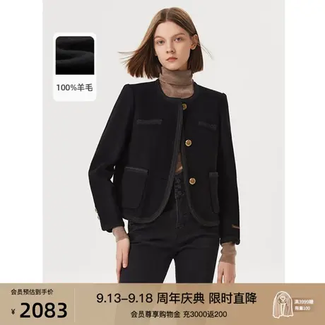 朗姿复古纯羊毛小香风短款修身黑色毛呢外套女高级感气质秋冬新款图片