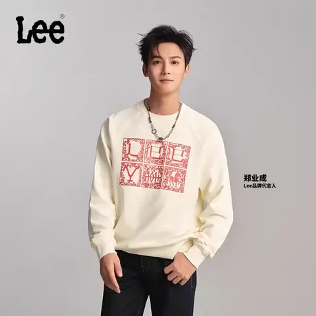 【郑业成同款】Lee商场同款24早春新品舒适圆领印花本白色男卫衣图片