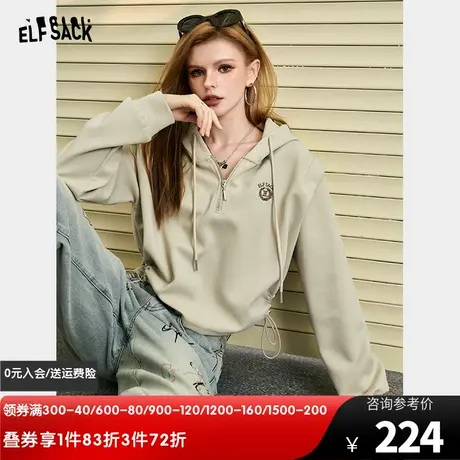妖精的口袋美式连帽卫衣女2024年早春新款下摆抽绳设计显瘦学院风商品大图