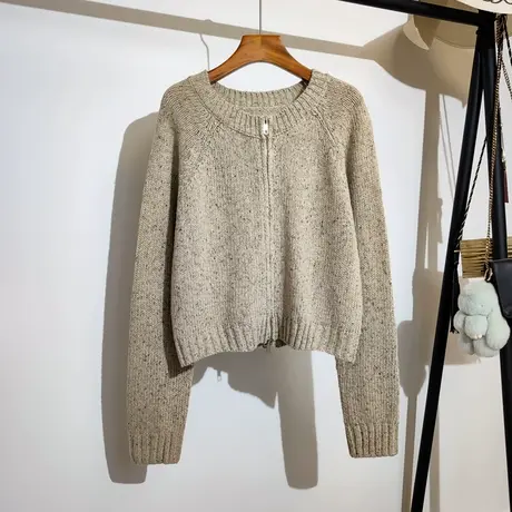 花线针织开衫女秋冬新款韩版复古宽松圆领休闲上衣双拉链毛衣外套商品大图