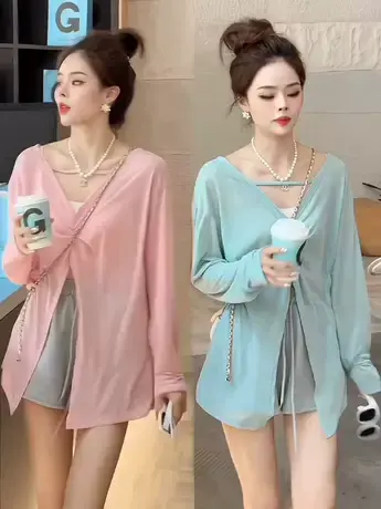 两穿扭结设计感小众长袖粉色防晒罩衫T恤女夏季薄款宽松开叉上衣商品大图