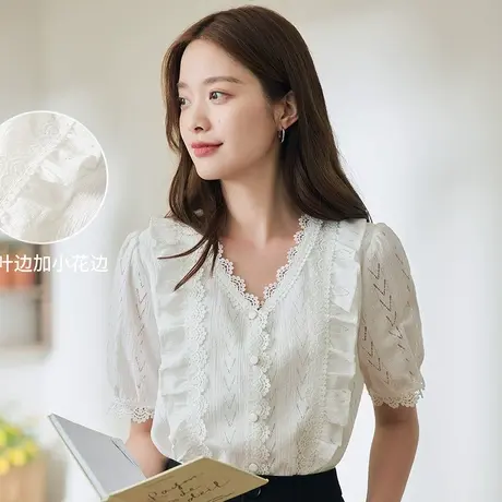 茵曼2023年夏季荷叶边花边领短袖衬衣女纯色衬衫上衣图片