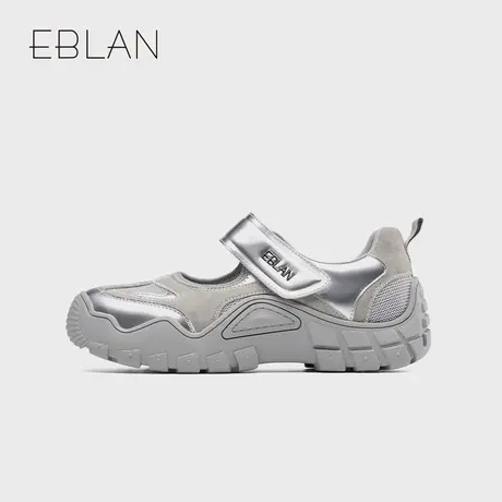 EBLAN/伊伴厚底玛丽珍鞋2025年春夏新款魔术贴休闲女鞋银色老爹鞋图片