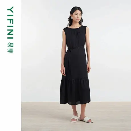 [专柜同款]Yifini/易菲100%真丝法式无袖圆领细褶气质直筒连衣裙图片