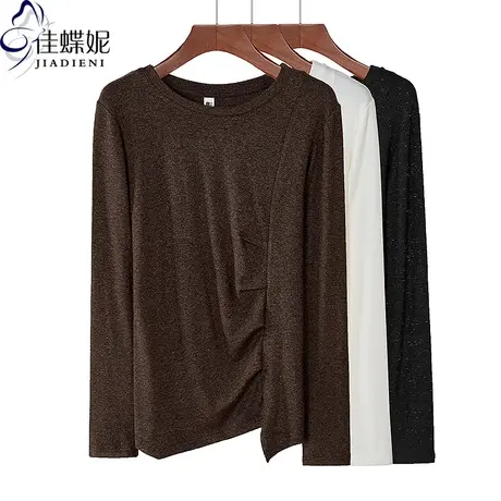 秋冬新款圆领宽松褶皱不规则纯欲纯棉纯色长袖体恤上衣女打底衫商品大图