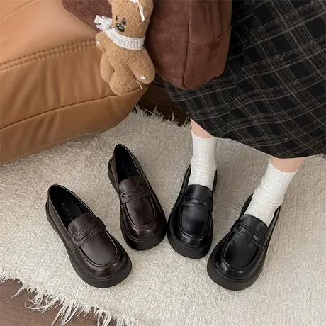 棕色复古小皮鞋女2025春季新款厚底增高乐福鞋小个子气质高级单鞋图片