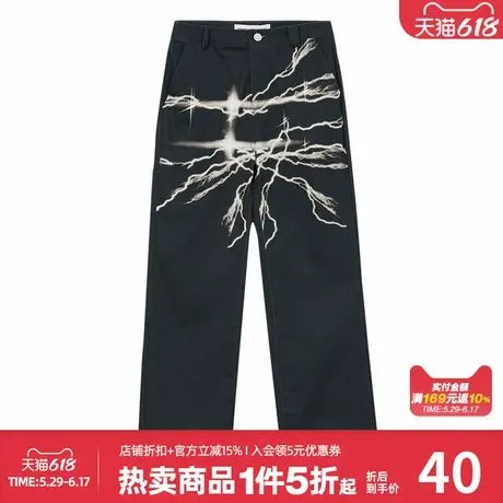 美特斯邦威女侧口袋黑色休闲裤春夏季闪电印花设计朋克风潮流裤子商品大图
