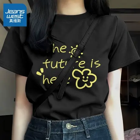 KHV真维斯黑色纯棉短袖女t恤夏季2025新款宽松大码女装上衣半袖衫商品大图