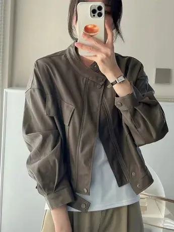 韩版皮衣女2023新款春秋短款宽松休闲港风复古pu夹克机车小外套潮商品大图