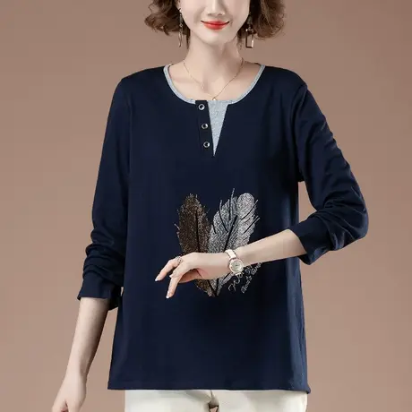 加肥加大码女装长袖t恤春秋新款宽松中年妈妈纯棉烫钻显瘦打底衫商品大图