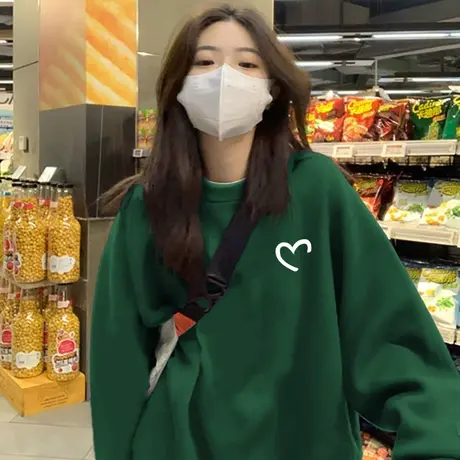 vintage古着无帽卫衣女绿色设计感小众ins潮加绒加厚冬季大码上衣商品大图