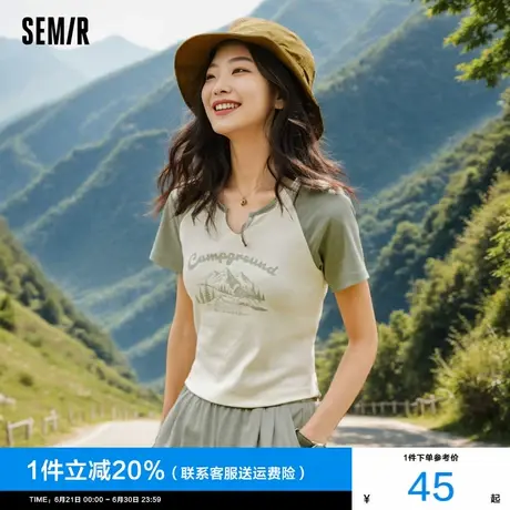 森马短袖T恤女短款美式小个子2024拼接半袖插肩袖修身辣妹上衣潮商品大图