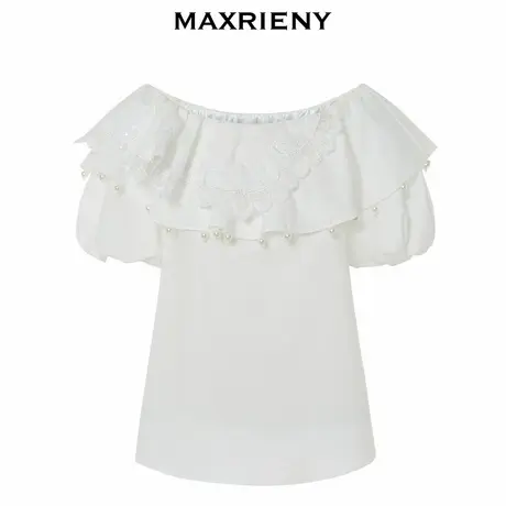 【奥莱】MAXRIENY新中式提花翻领露肩雪纺衫一字肩上衣图片